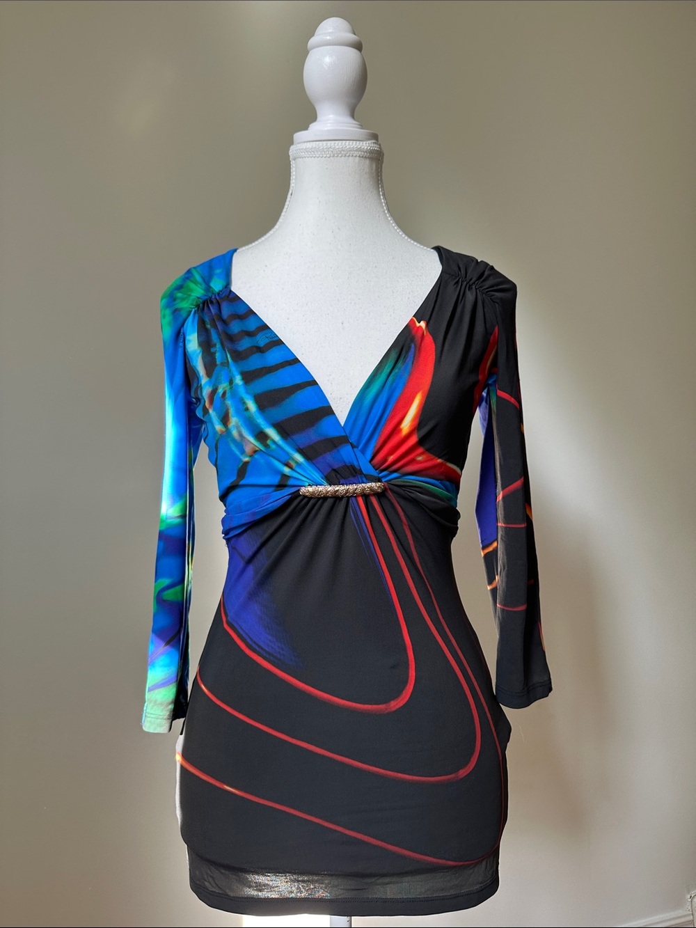 ROBERTO CAVALLI Y2K Retro Vneck Cinched 3/4 Sleeve Stretch Blouse Sz 38